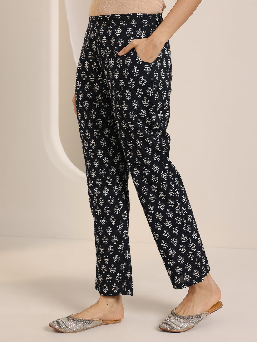 Black Floral Printed Cotton Anarkali Suit Set With Dupatta