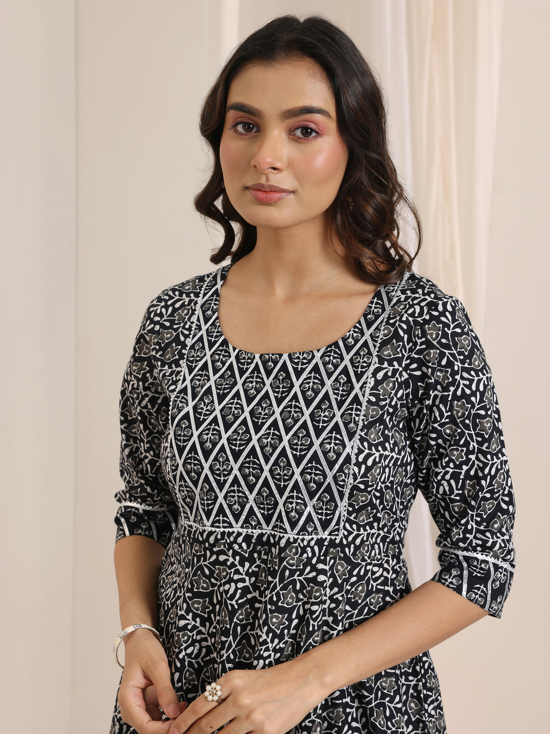 Black Floral Printed Cotton Anarkali Suit Set With Dupatta