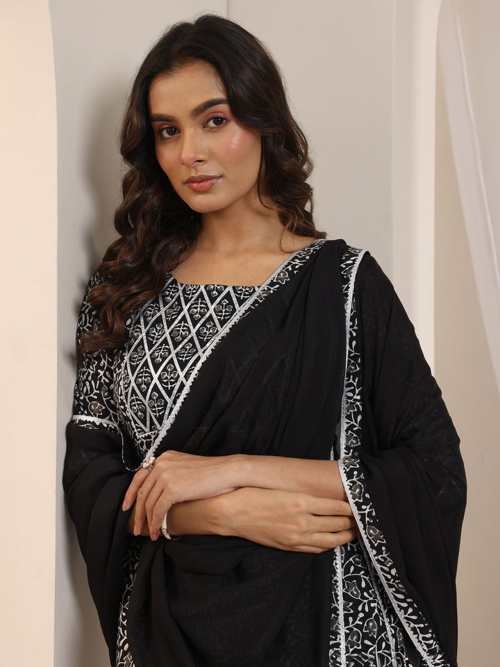 Black Floral Printed Cotton Anarkali Suit Set With Dupatta