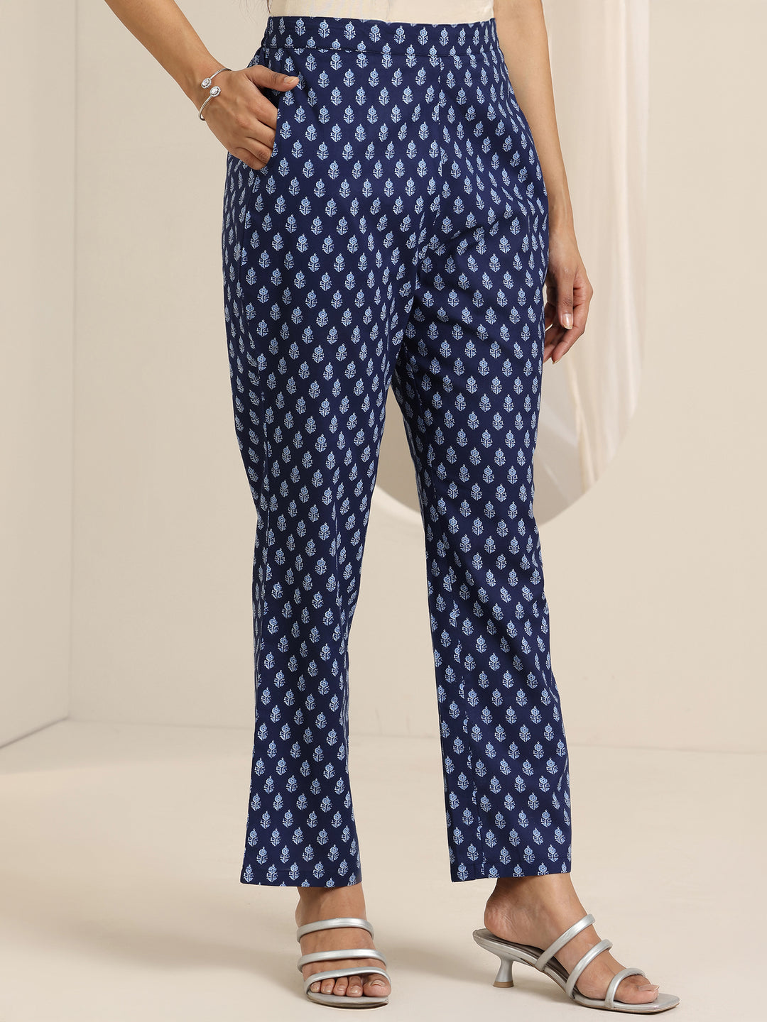 Blue Floral Printed Cotton Anarkali Suit Set With Dupatta