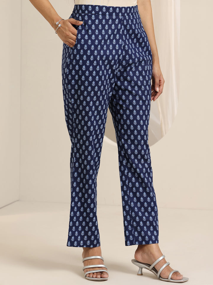 Blue Floral Printed Cotton Anarkali Suit Set With Dupatta