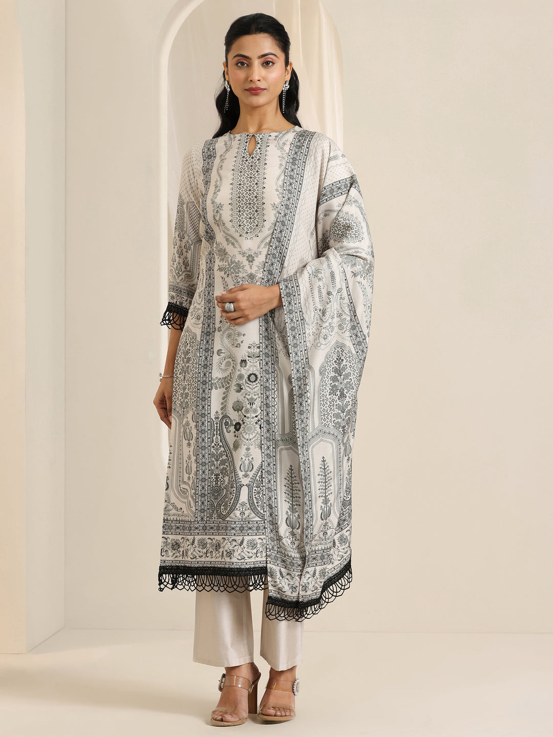 Black Floral Printed Silk Blend Straight Suit Set With Dupatta