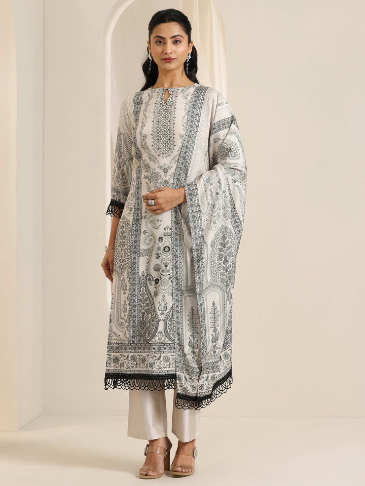 Black Floral Printed Silk Blend Straight Suit Set With Dupatta