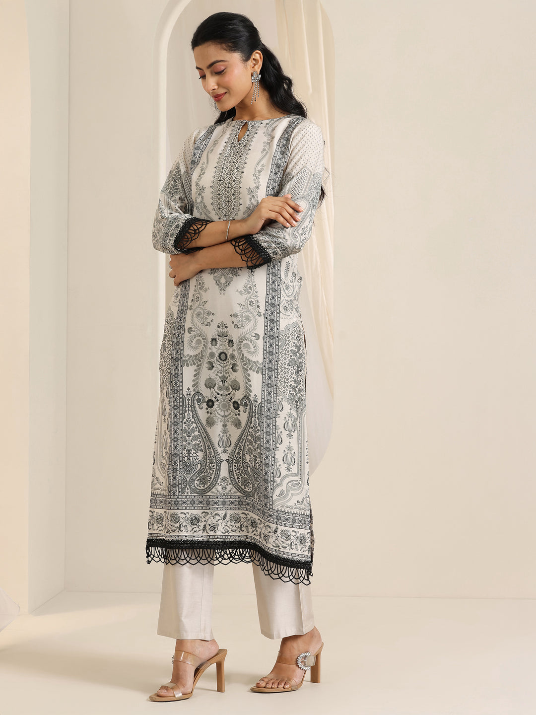 Black Floral Printed Silk Blend Straight Suit Set With Dupatta