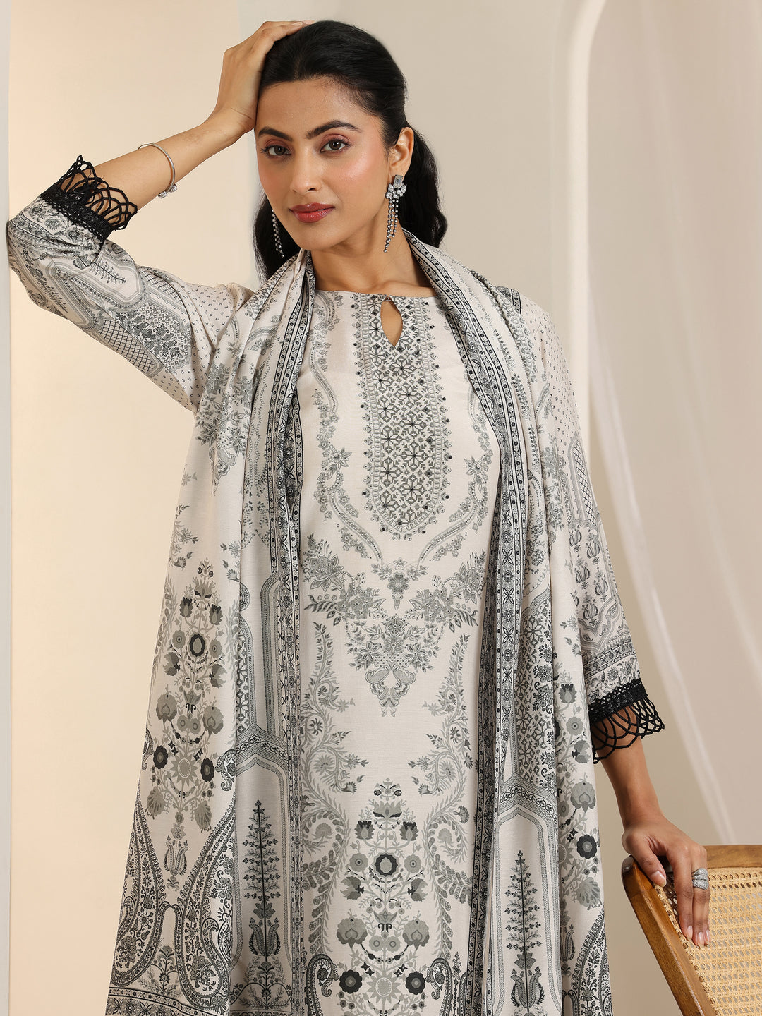 Black Floral Printed Silk Blend Straight Suit Set With Dupatta