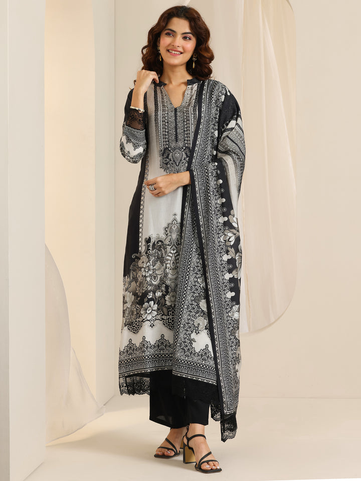 Black Floral Printed Silk Blend Straight Suit Set With Dupatta
