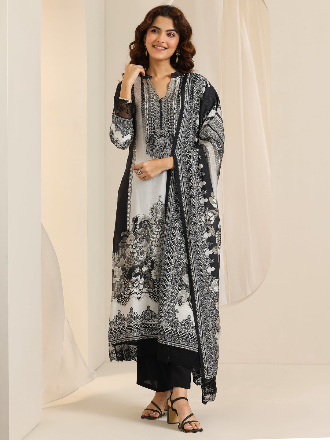 Black Floral Printed Silk Blend Straight Suit Set With Dupatta
