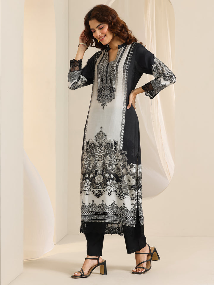 Black Floral Printed Silk Blend Straight Suit Set With Dupatta