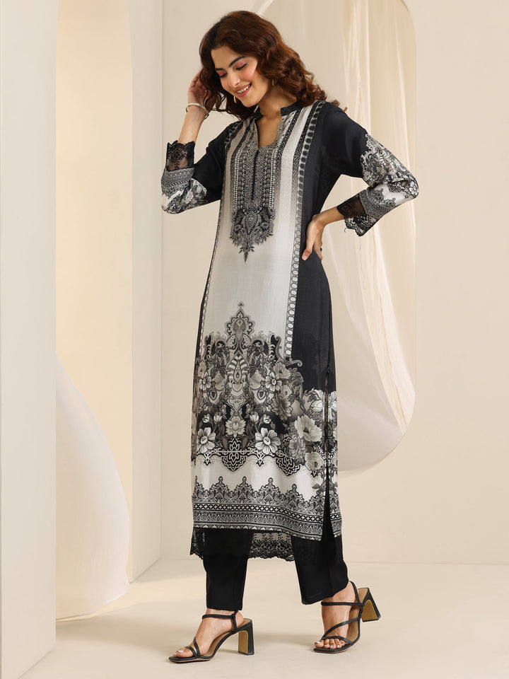 Black Floral Printed Silk Blend Straight Suit Set With Dupatta