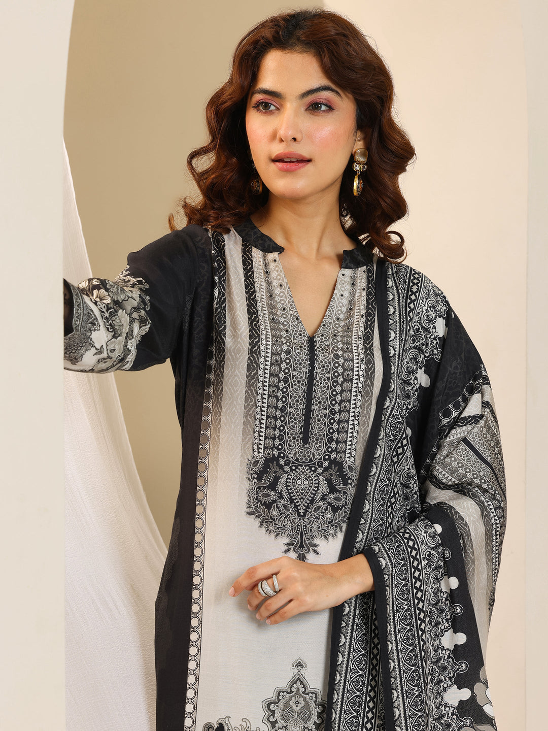 Black Floral Printed Silk Blend Straight Suit Set With Dupatta