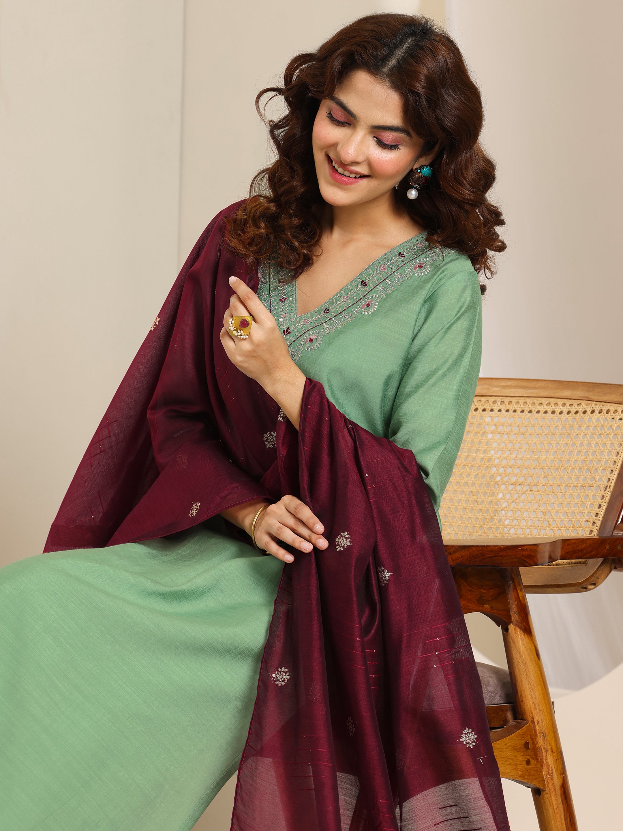 Lime Green Yoke Design Cotton Straight Suit Set main image 0