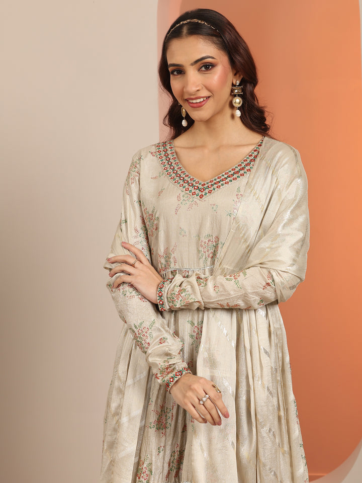 Grey Floral Printed Silk Blend Anarkali Suit Set With Dupatta