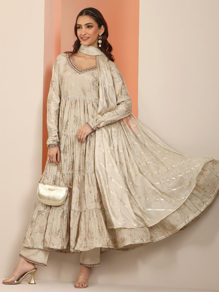 Grey Floral Printed Silk Blend Anarkali Suit Set With Dupatta