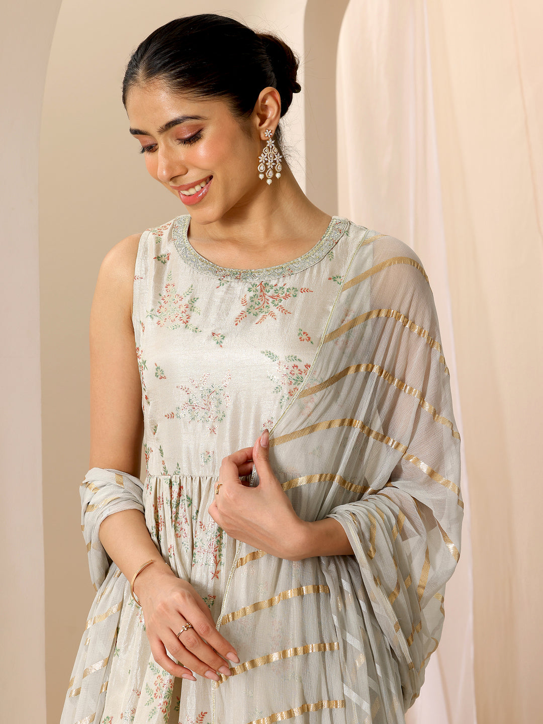 Grey Floral Printed Silk Blend Flared Suit Set With Dupatta