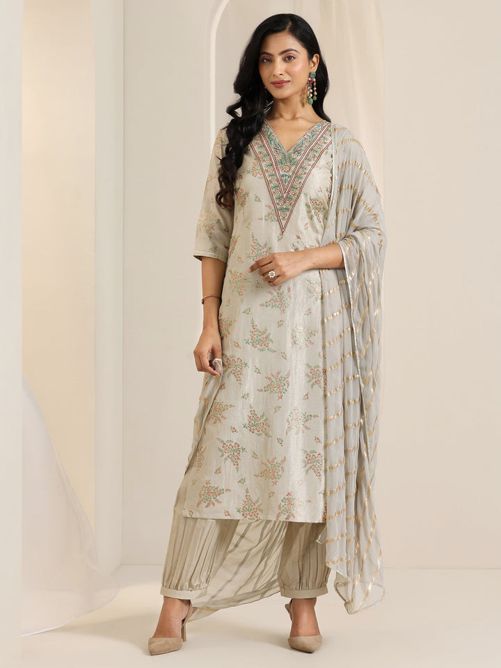 Grey Printed Silk Blend Straight Suit Set With Dupatta