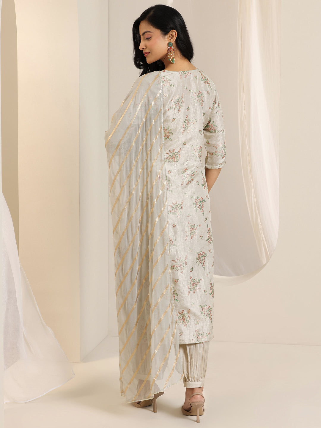 Grey Printed Silk Blend Straight Suit Set With Dupatta