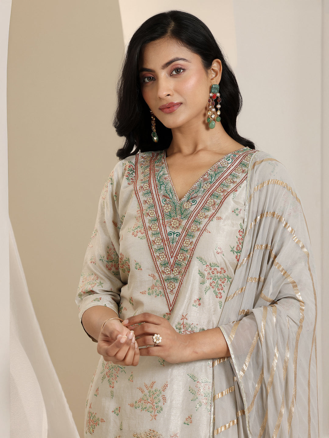 Grey Printed Silk Blend Straight Suit Set With Dupatta