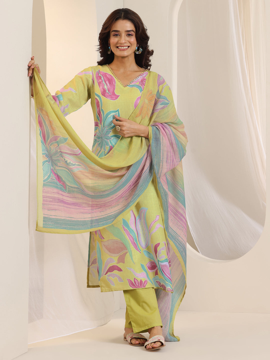 Multi Printed Cotton Blend Straight Suit Set With Dupatta
