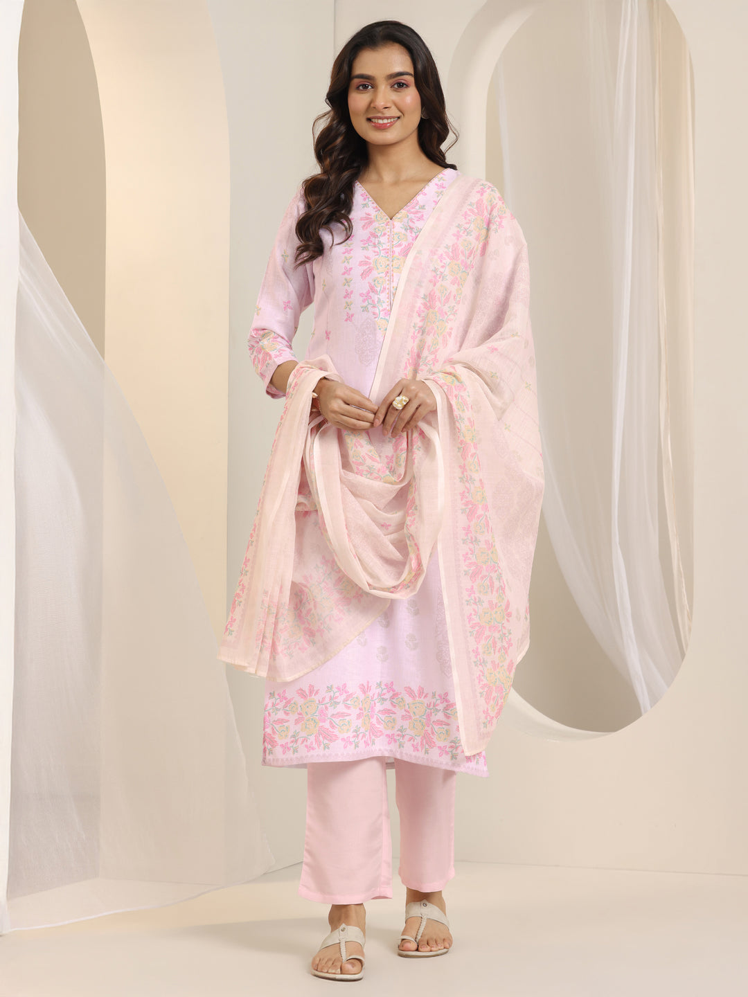 Off White Printed Cotton Blend Straight Suit Set With Dupatta