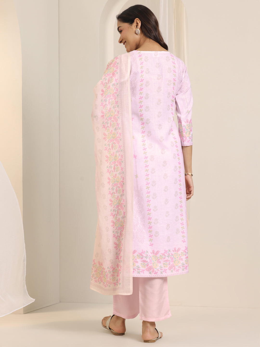 Off White Printed Cotton Blend Straight Suit Set With Dupatta