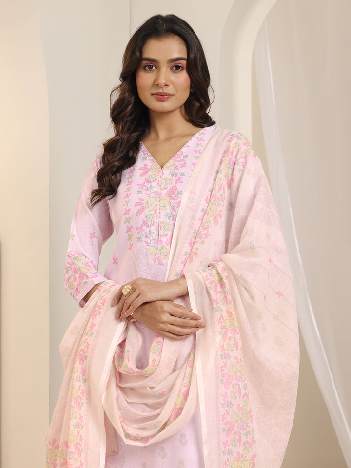 Off White Printed Cotton Blend Straight Suit Set With Dupatta
