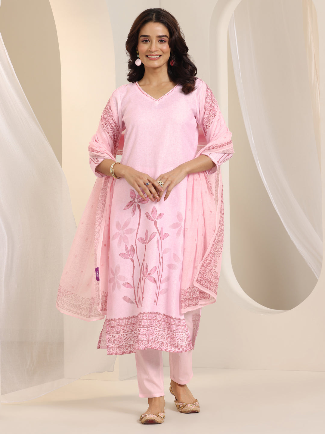 Pink Printed Cotton Blend Straight Suit Set With Dupatta