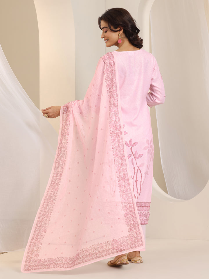 Pink Printed Cotton Blend Straight Suit Set With Dupatta