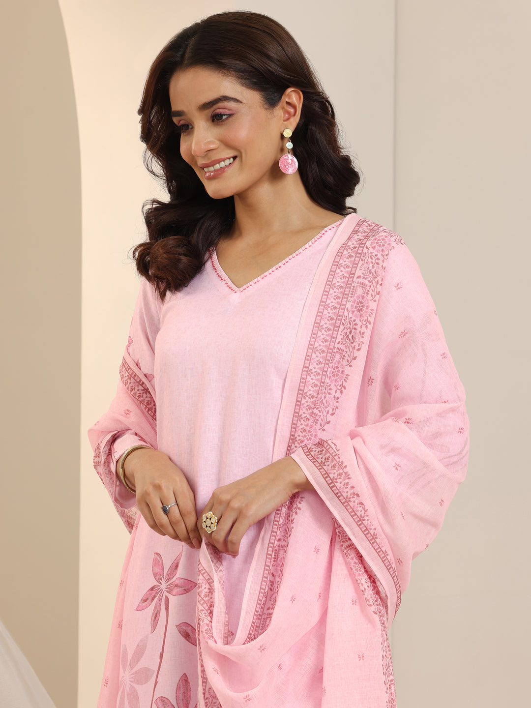 Pink Printed Cotton Blend Straight Suit Set With Dupatta