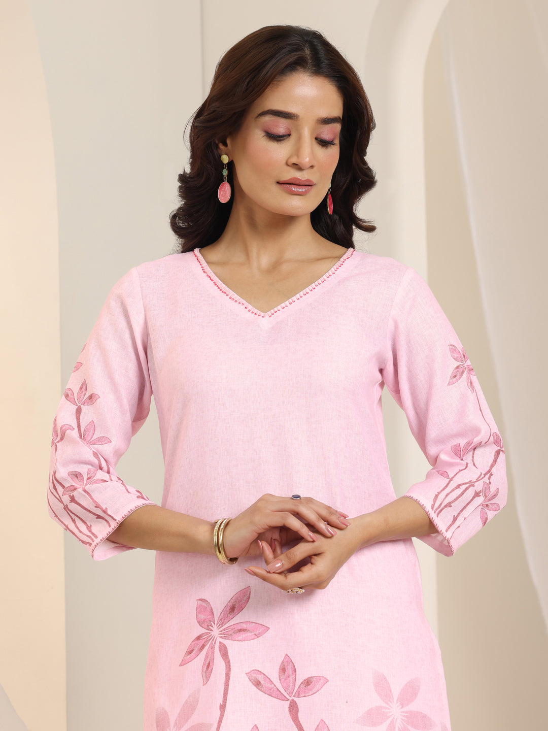 Pink Printed Cotton Blend Straight Suit Set With Dupatta