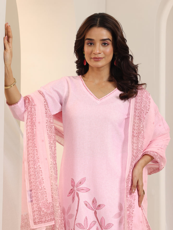 Pink Printed Cotton Blend Straight Suit Set With Dupatta