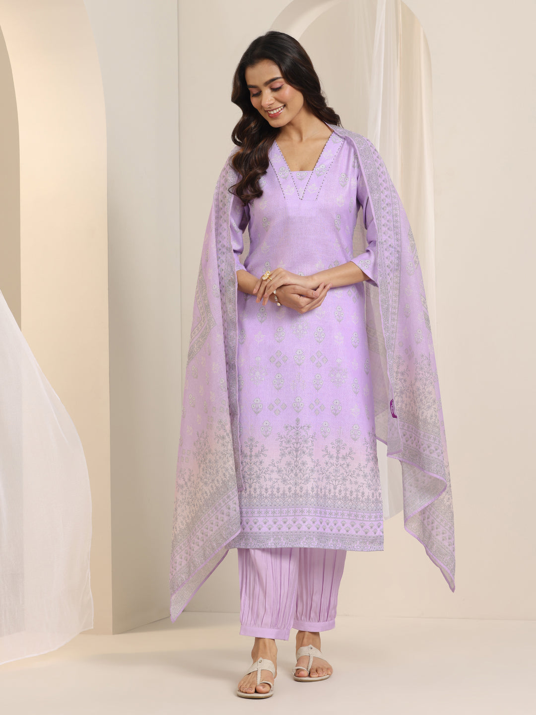 Lavender Printed Cotton Blend Straight Suit Set With Dupatta