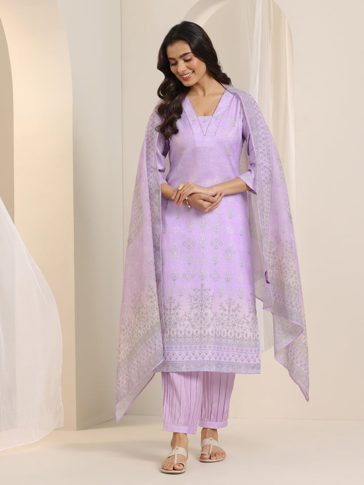 Lavender Printed Cotton Blend Straight Suit Set With Dupatta
