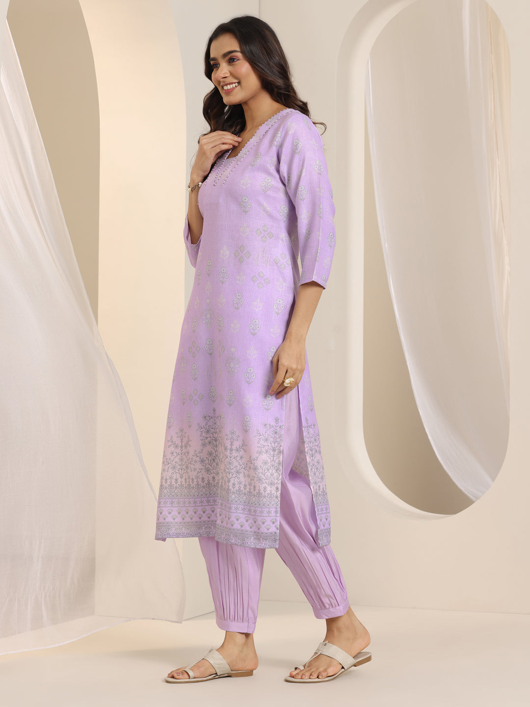 Lavender Printed Cotton Blend Straight Suit Set With Dupatta