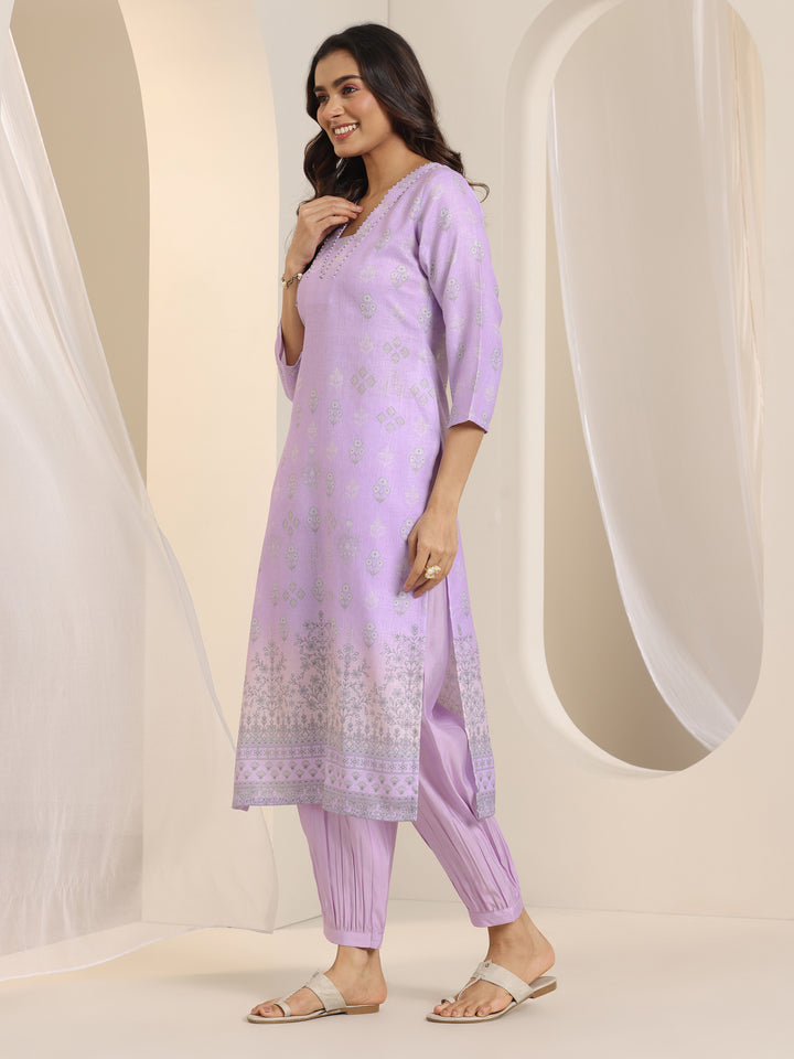 Lavender Printed Cotton Blend Straight Suit Set With Dupatta