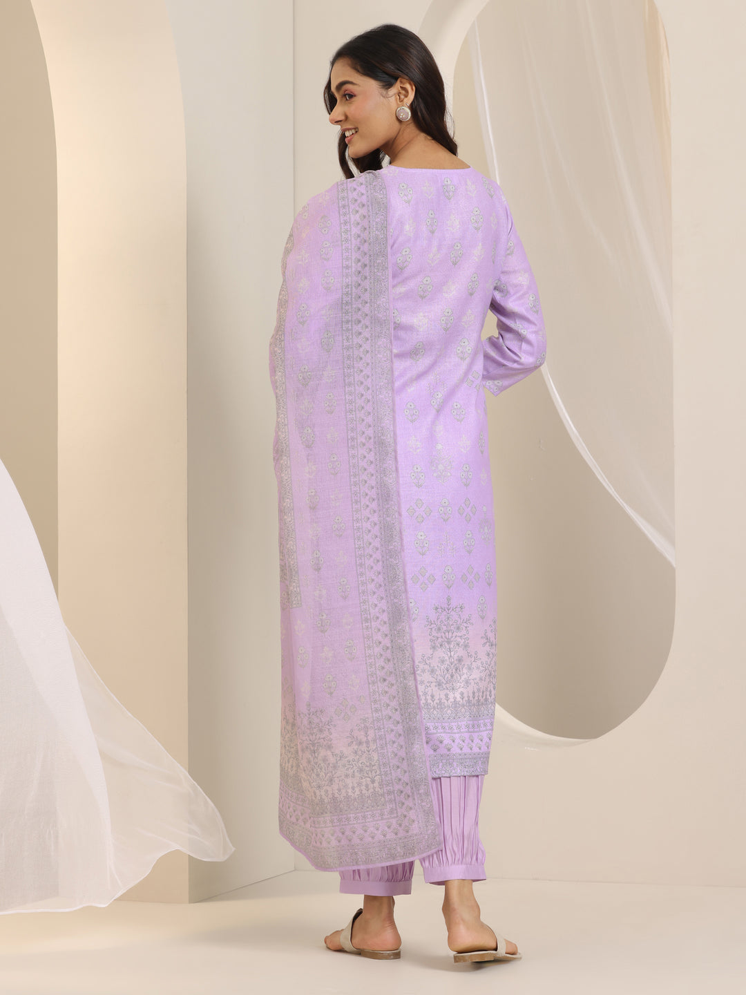 Lavender Printed Cotton Blend Straight Suit Set With Dupatta