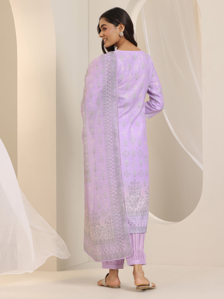 Lavender Printed Cotton Blend Straight Suit Set With Dupatta
