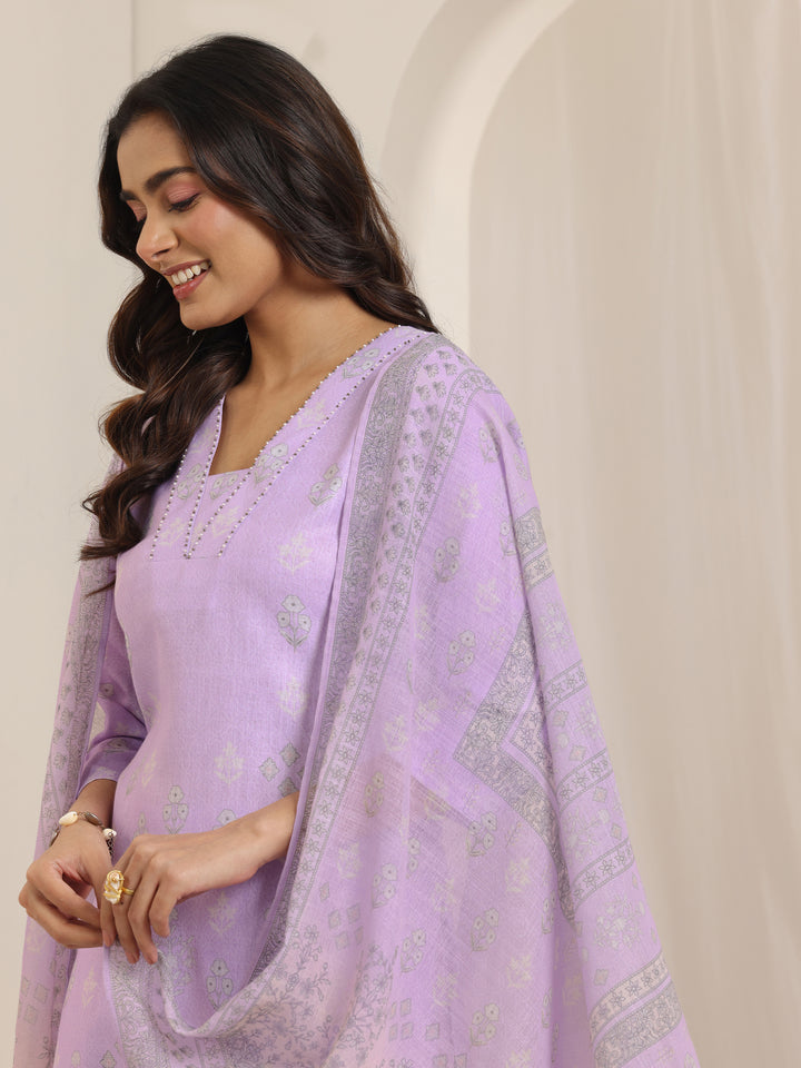 Lavender Printed Cotton Blend Straight Suit Set With Dupatta