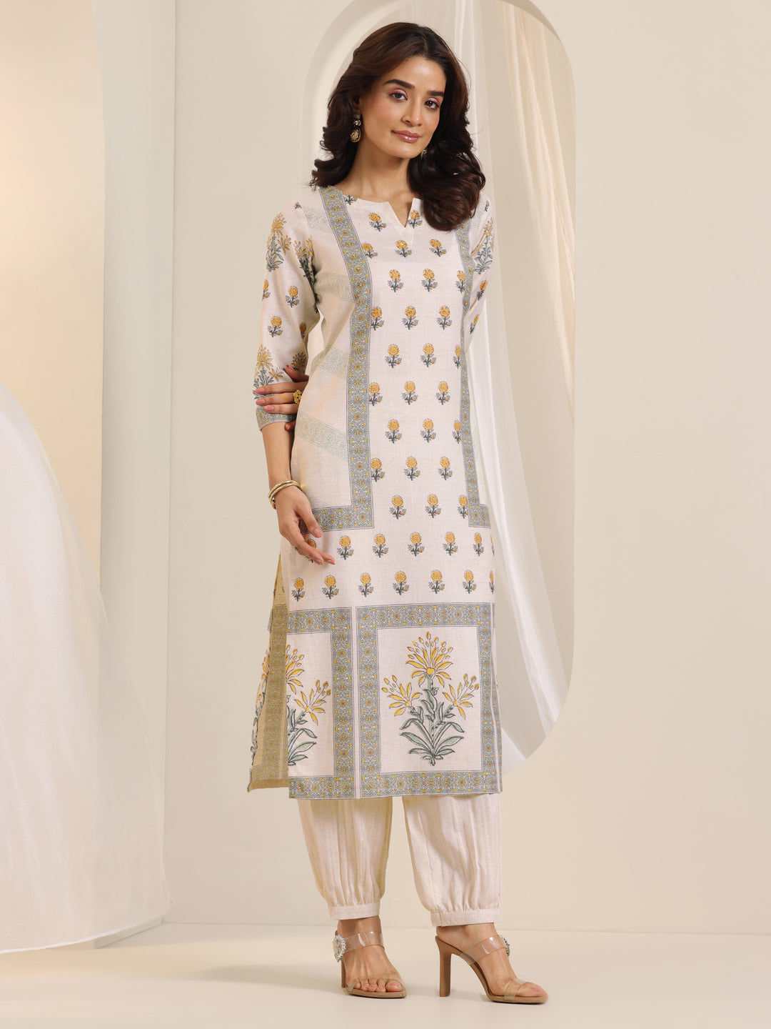 Off White Printed Cotton Blend Straight Suit Set With Dupatta