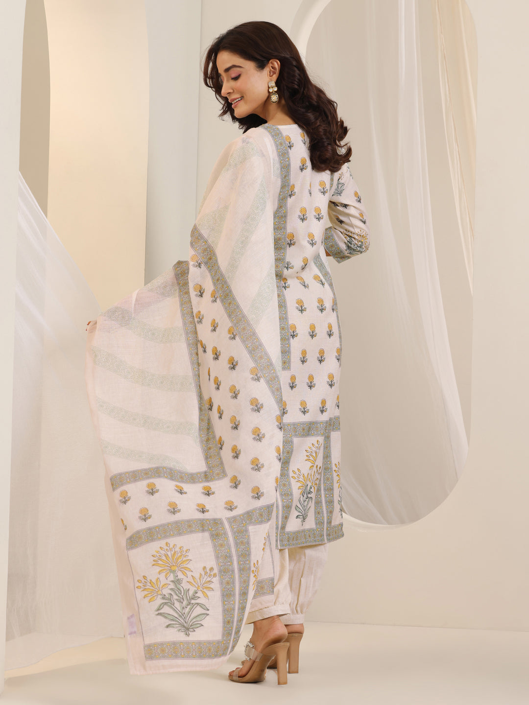 Off White Printed Cotton Blend Straight Suit Set With Dupatta