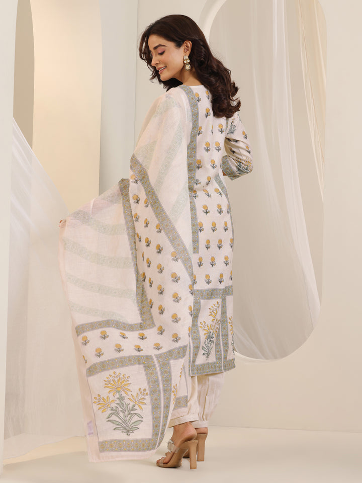 Off White Printed Cotton Blend Straight Suit Set With Dupatta