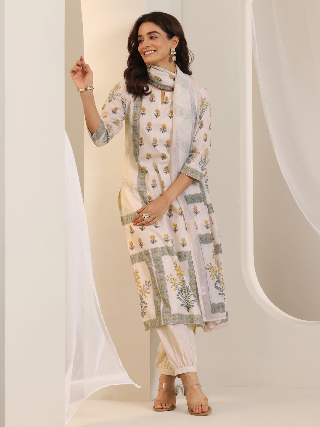 Off White Printed Cotton Blend Straight Suit Set With Dupatta