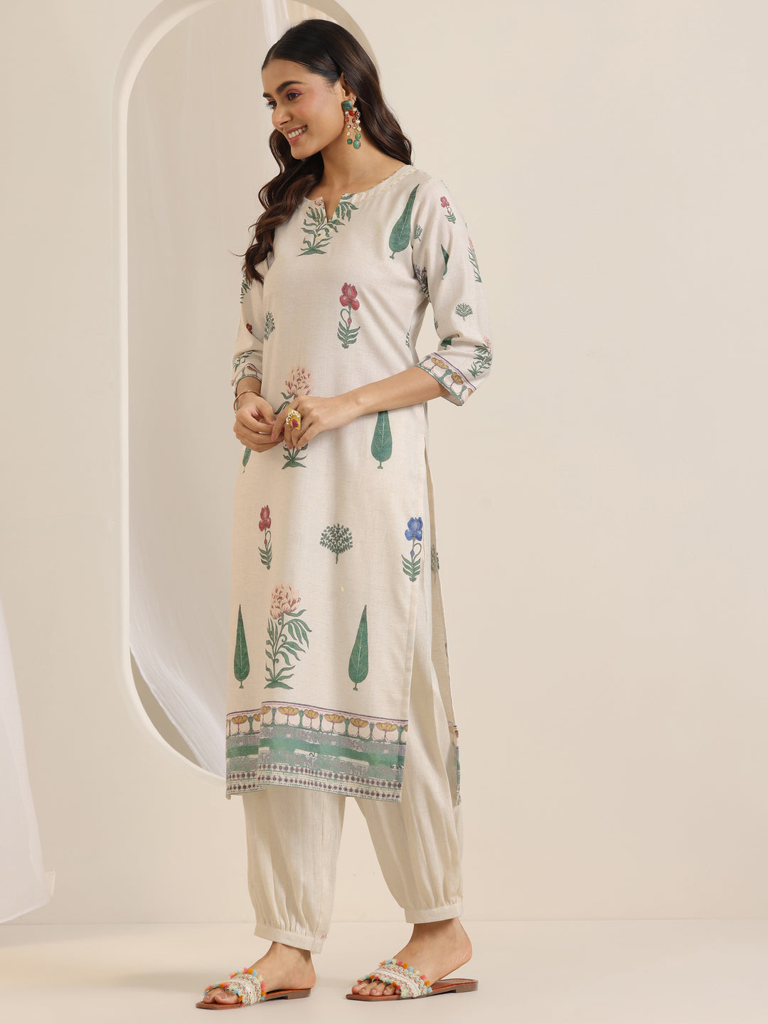 Off White Printed Cotton Blend Straight Suit Set With Dupatta