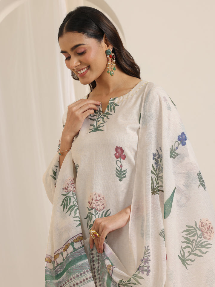 Off White Printed Cotton Blend Straight Suit Set With Dupatta