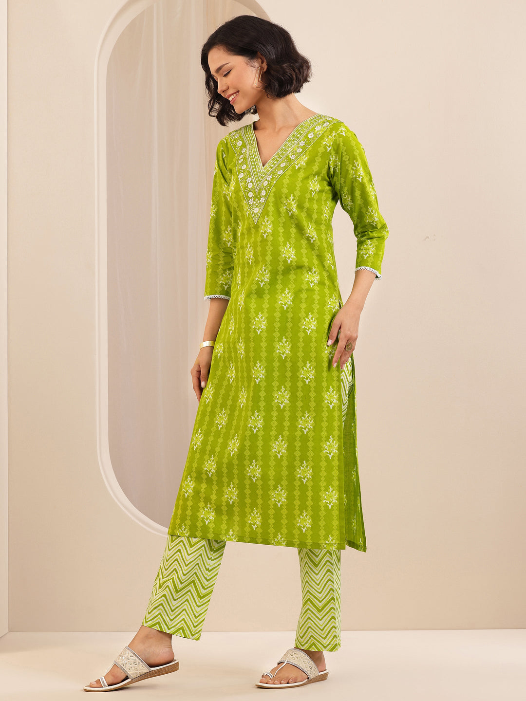 Green Printed Cotton Straight Suit Set With Dupatta