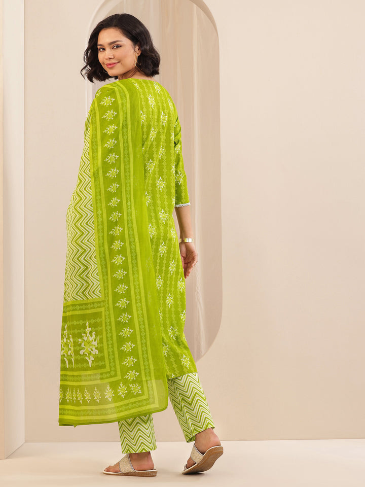 Green Printed Cotton Straight Suit Set With Dupatta
