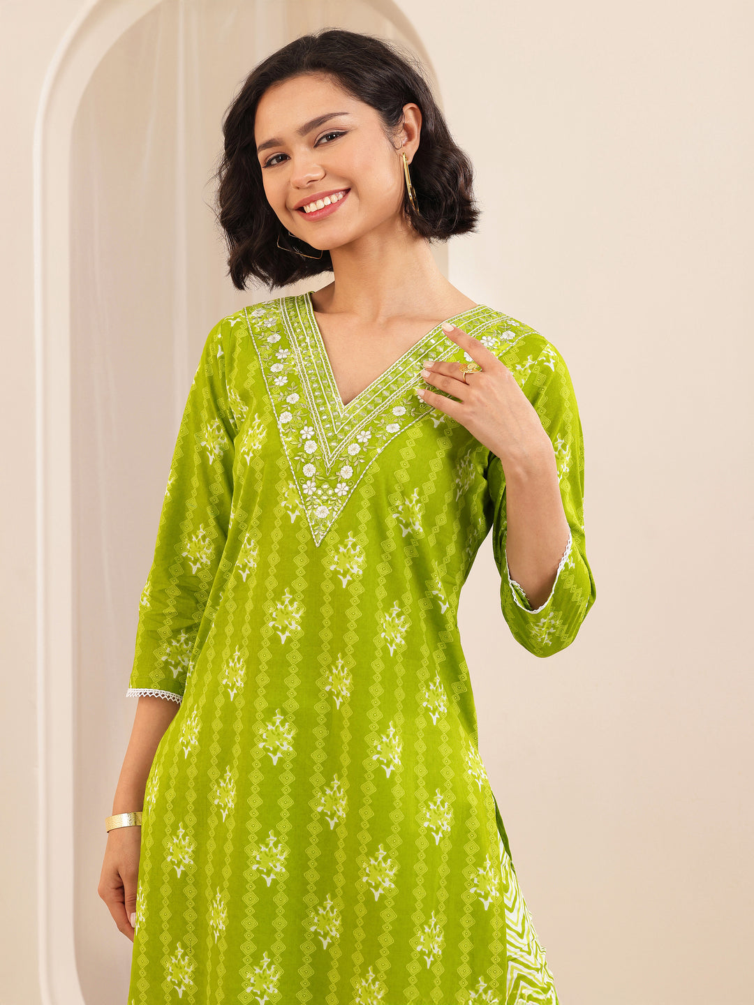 Green Printed Cotton Straight Suit Set With Dupatta