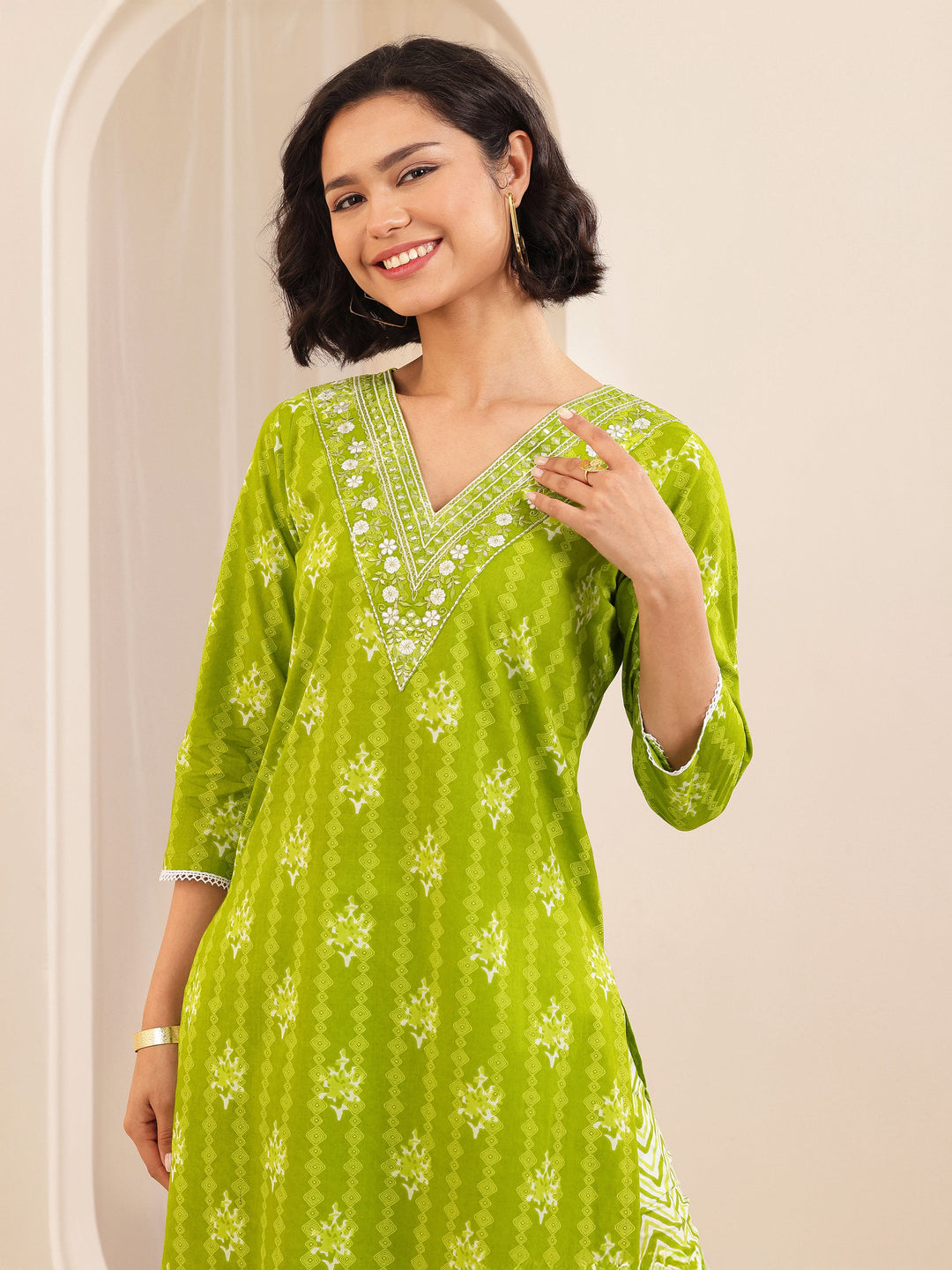 Green Printed Cotton Straight Suit Set With Dupatta