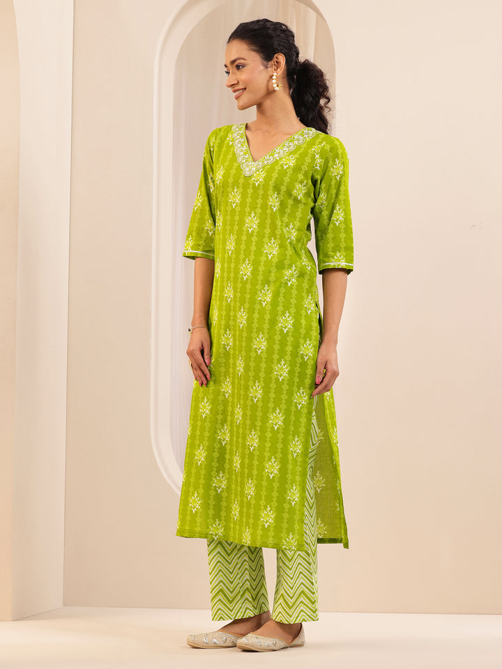 Green Printed Cotton Straight Suit Sets With Dupatta