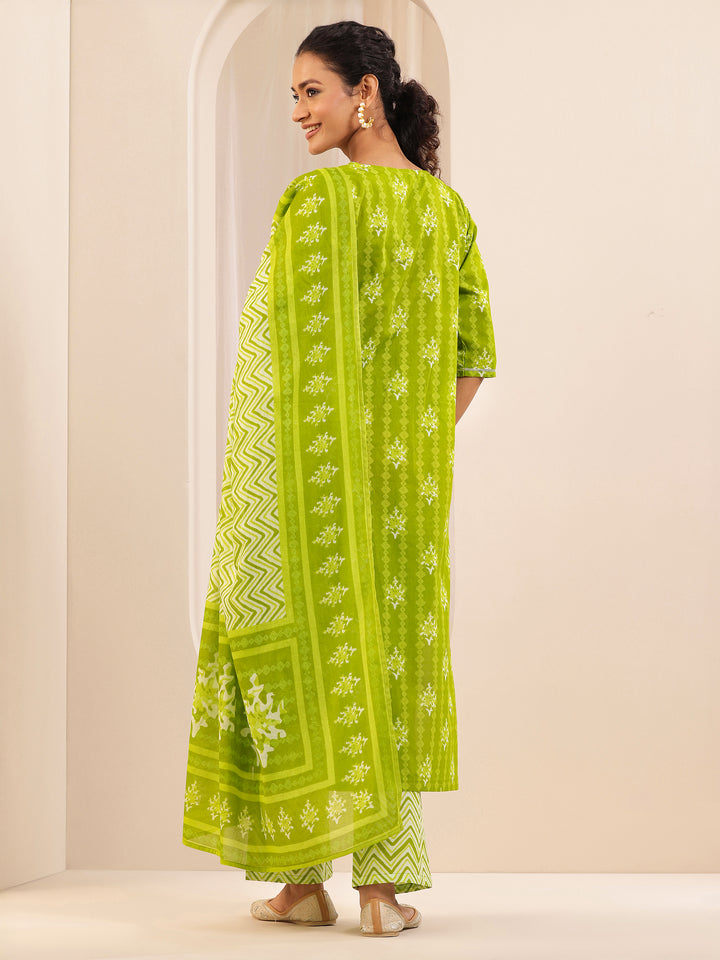 Green Printed Cotton Straight Suit Sets With Dupatta