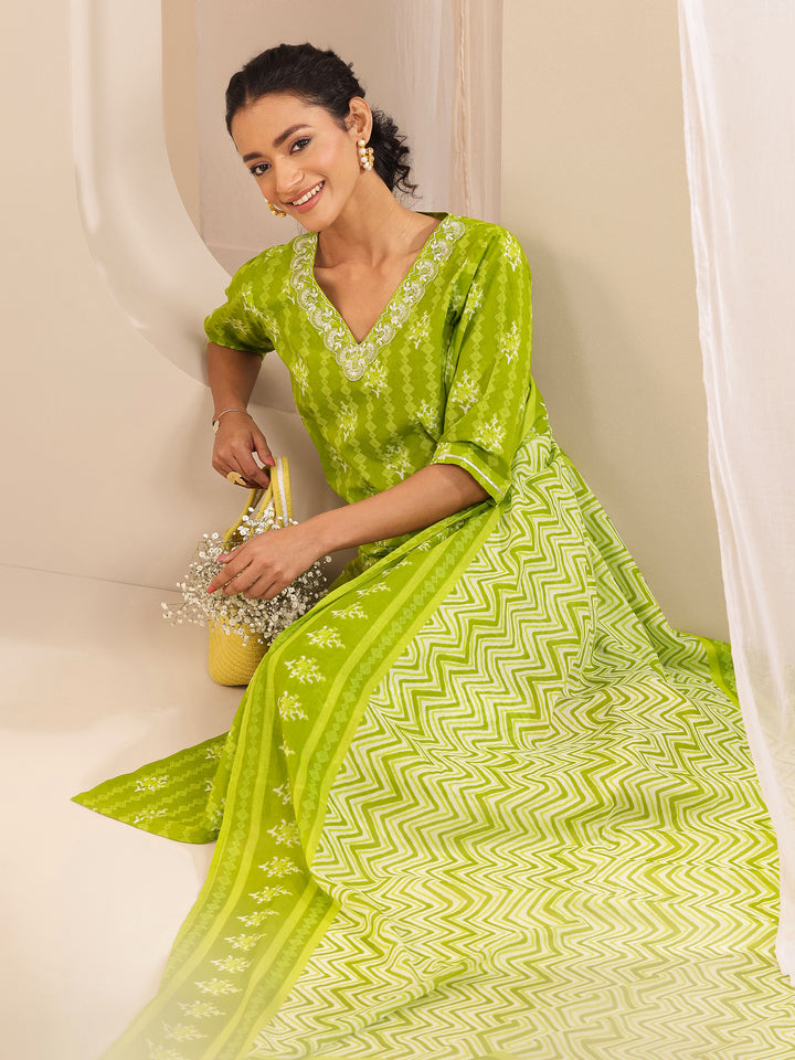 Green Printed Cotton Straight Suit Sets With Dupatta